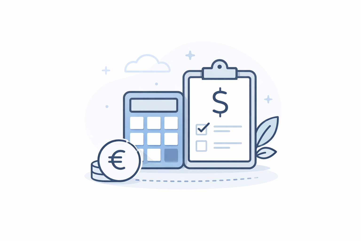 Illustration minimaliste du budget et du minimalisme financier, avec une calculatrice, une checklist et des pièces en euros.