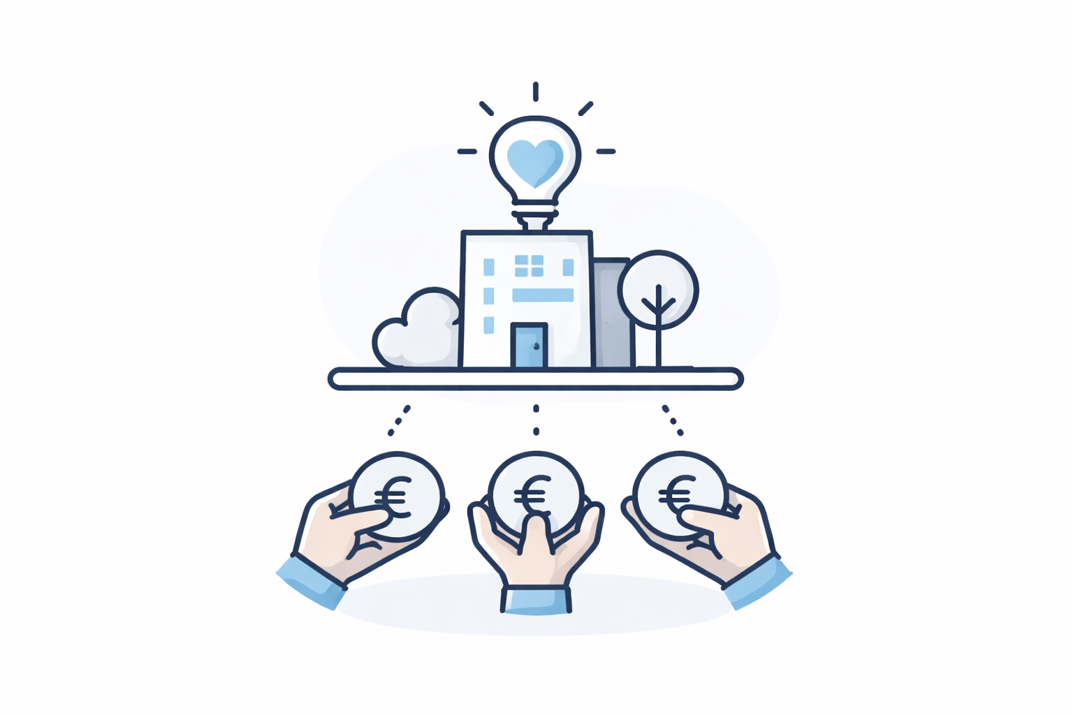 Illustration minimaliste représentant le crowdfunding immobilier, avec plusieurs investisseurs finançant collectivement un projet immobilier.