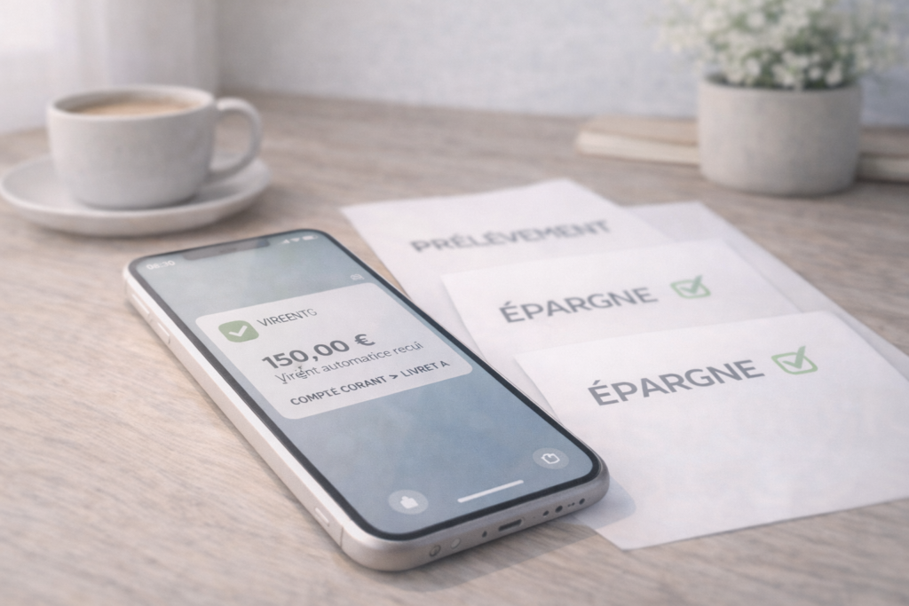 Automatiser son épargne pour investir sans stress Téléphone portable affichant un virement automatique reçu, posé sur un bureau clair avec papiers et tasse de café en arrière-plan.