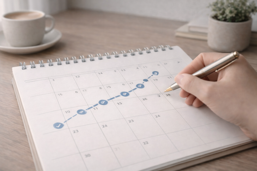 Avancer pas à pas dans son investissement Calendrier posé sur un bureau avec plusieurs étapes cochées progressivement, illustrant une avancée régulière et sereine dans l’investissement.
