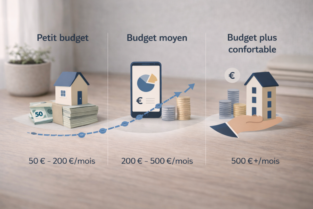 Choisir un premier investissement adapté à son budget Illustration minimaliste montrant différents niveaux de budget d’investissement avec maison, pièces en euros et graphique de progression, symbolisant le choix d’un premier investissement simple.
