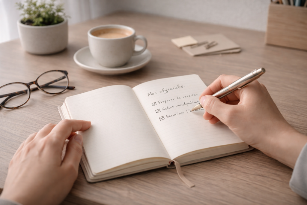 Clarifier ses objectifs avant d’investir Personne notant ses objectifs d’investissement dans un carnet, bureau minimaliste, moment de réflexion avant de commencer à investir.