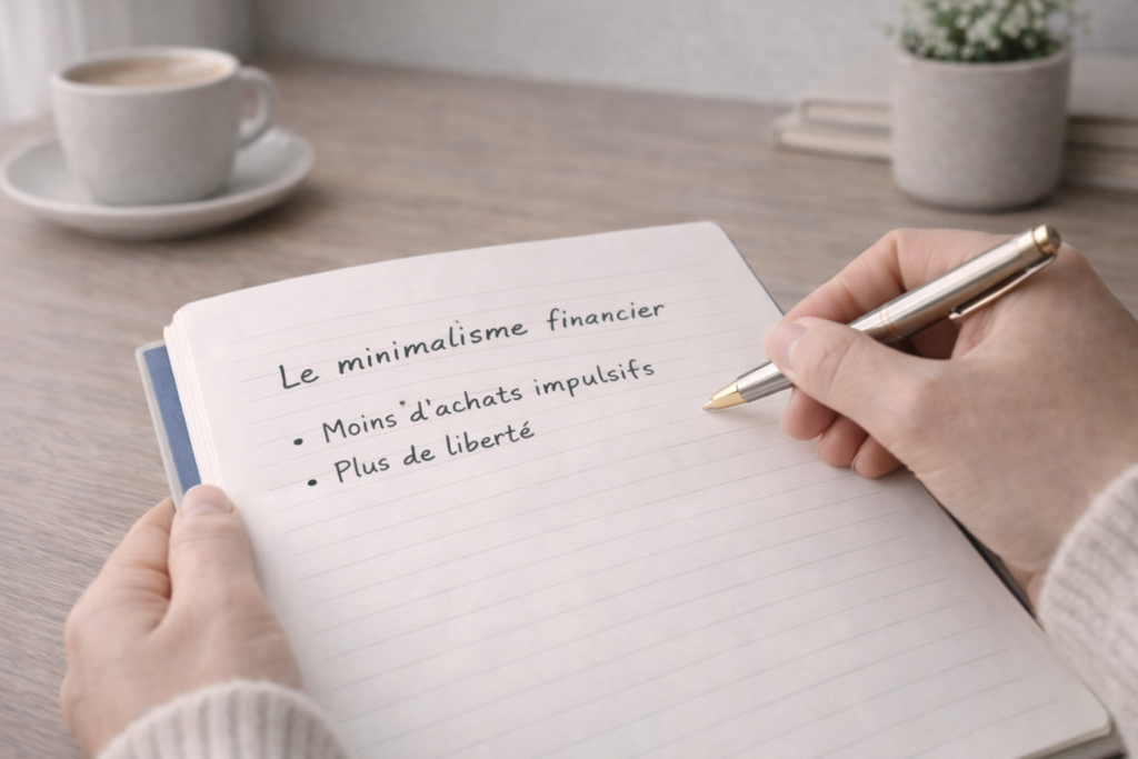 Personne écrivant dans un carnet sur un bureau minimaliste