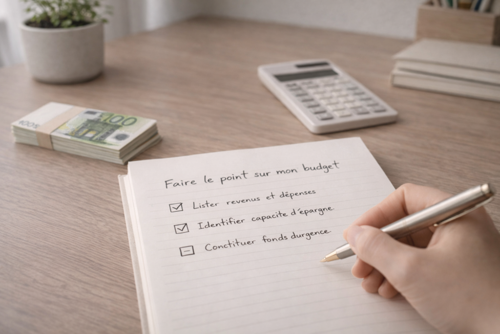 Faire le point sur son budget avant d’investir Checklist manuscrite sur un carnet avec calculatrice et billets en euros, symbolisant la gestion du budget et la sécurité financière.