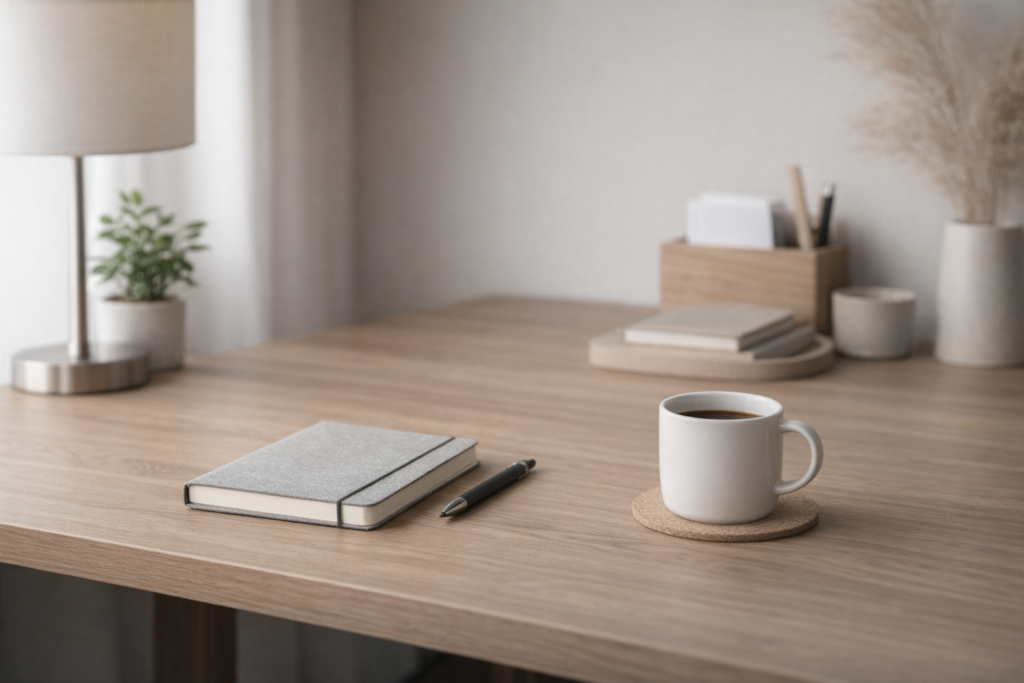 Enveloppe et carnet posés sur un bureau épuré, lumière douce