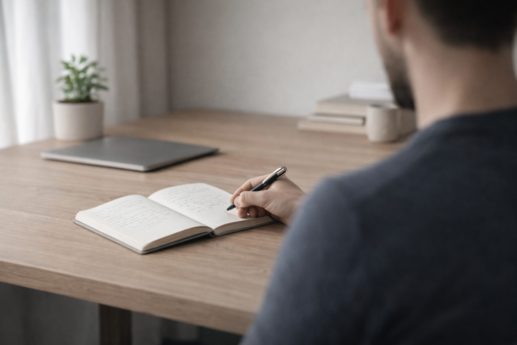 Personne prenant des notes dans un carnet à un bureau minimaliste, ordinateur portable fermé, ambiance calme et réflexion financière.