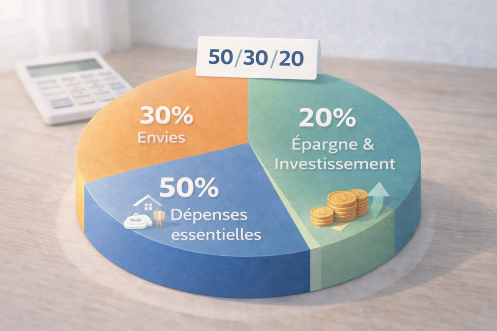 La règle 503020 pour gérer son budget simplement Camembert budgétaire 50/30/20 avec trois sections colorées représentant dépenses essentielles, envies et épargne, sur un bureau clair avec calculatrice en arrière-plan.