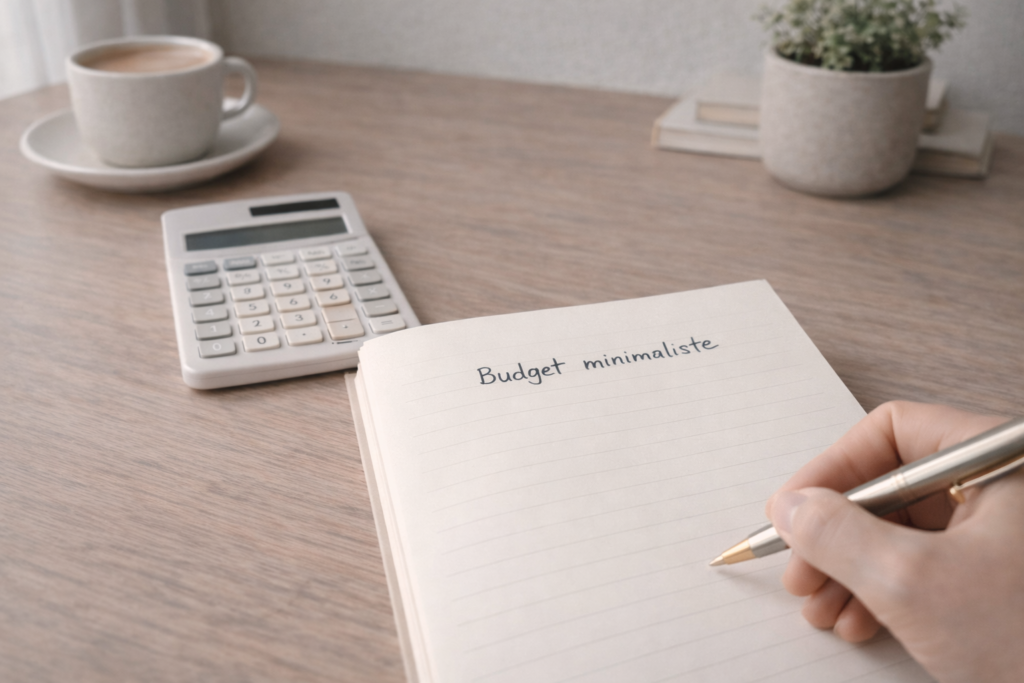 Un budget minimaliste et organisé posé sur un bureau épuré