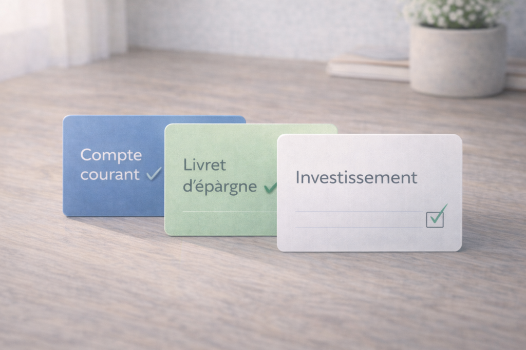 Simplifier ses comptes pour mieux gérer son argent Cartes symbolisant compte courant, épargne et investissement alignées sur une table en bois clair, ambiance épurée et organisée.