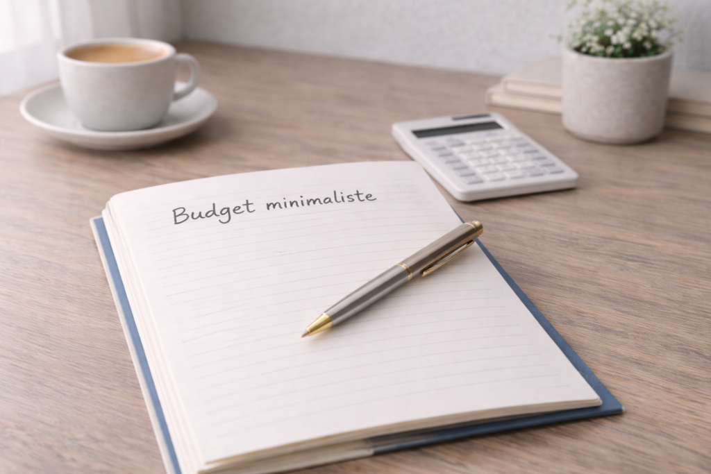 budget et minimalisme financier Carnet ouvert intitulé “Budget minimaliste” posé sur un bureau en bois avec calculatrice et tasse de café, illustrant une gestion de budget simple et sereine.