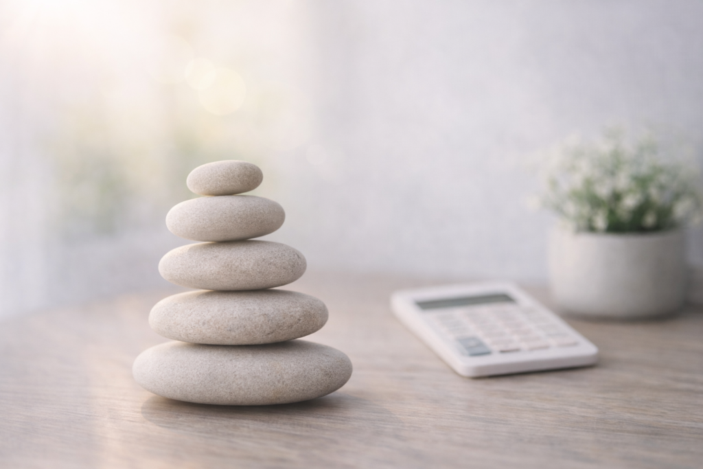 image illustration budget minimaliste Pierres empilées en équilibre sur un bureau avec calculatrice en arrière-plan, symbolisant la sérénité financière et la stabilité d’un budget minimaliste.