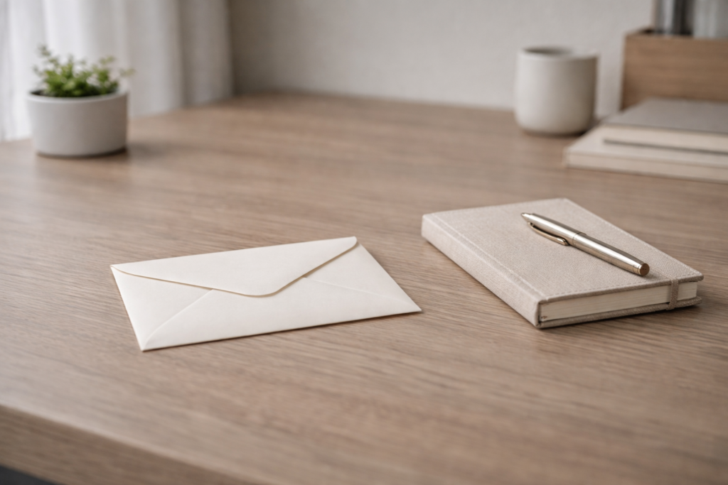 image illustration news letter Enveloppe fermée et carnet posés sur un bureau épuré, lumière naturelle, illustrant la confiance et la régularité.