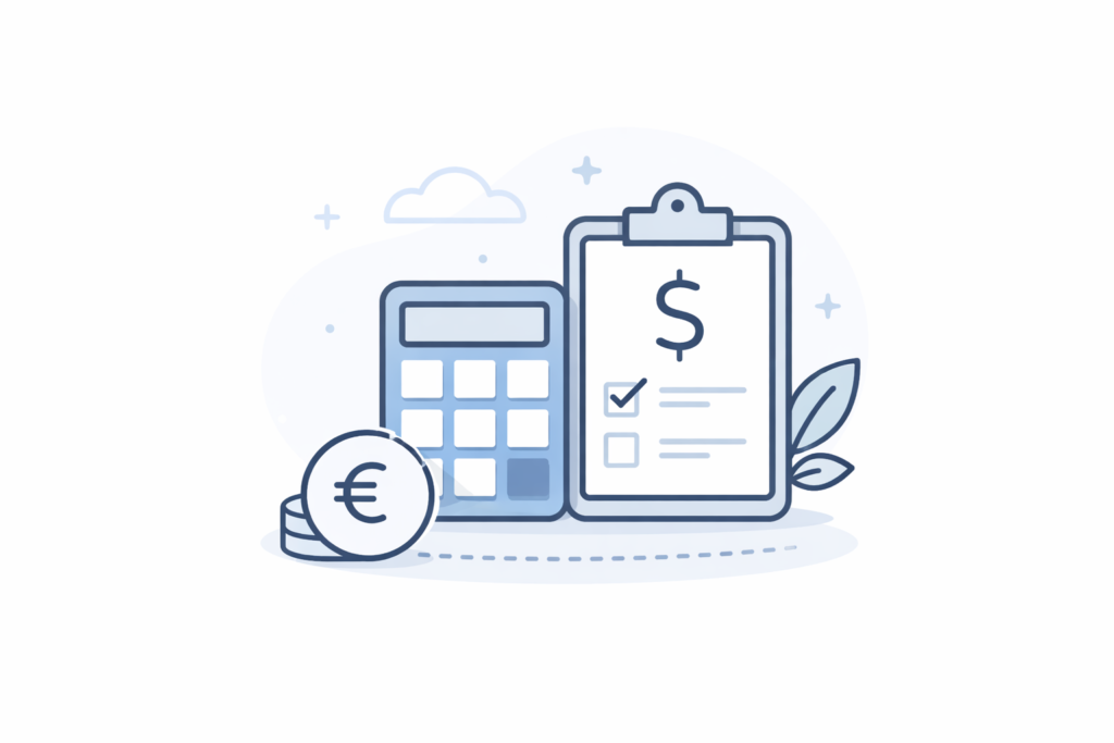 pilier Budget & minimalisme financier Illustration minimaliste du budget et du minimalisme financier, avec une calculatrice, une checklist et des pièces en euros.