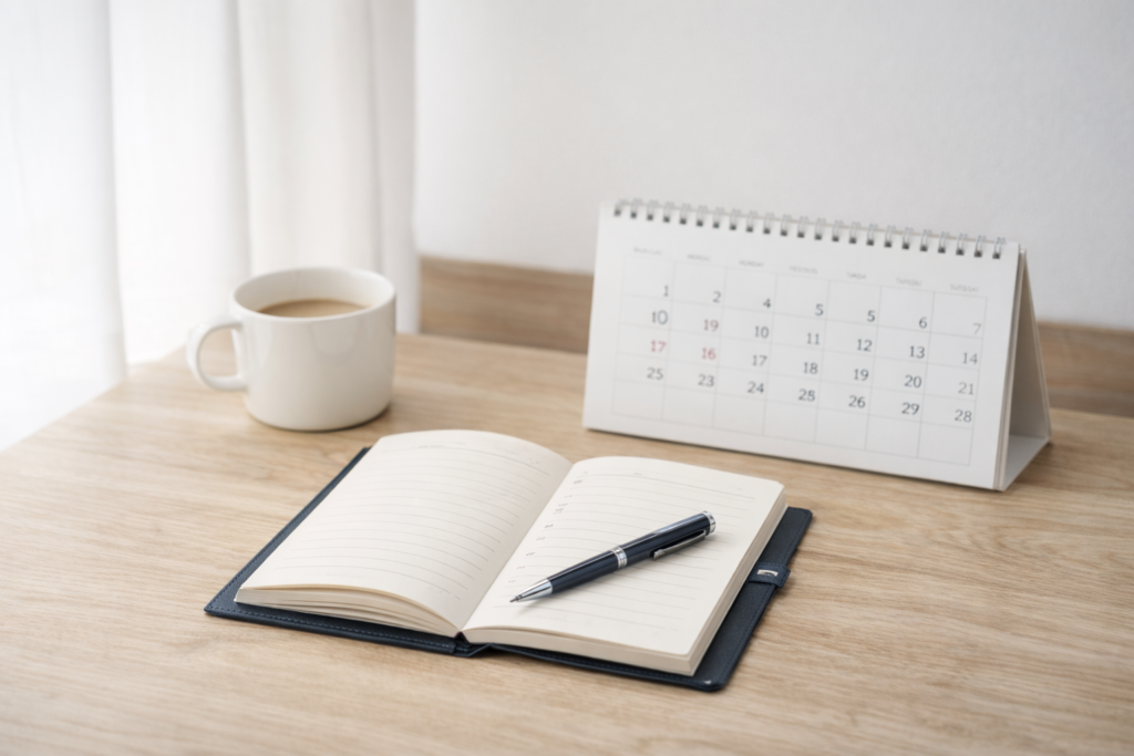 Planification financière mensuelle sur bureau minimaliste Carnet ouvert et calendrier mensuel sur bureau minimaliste symbolisant l’investissement chaque mois et la gestion simple de son budget.