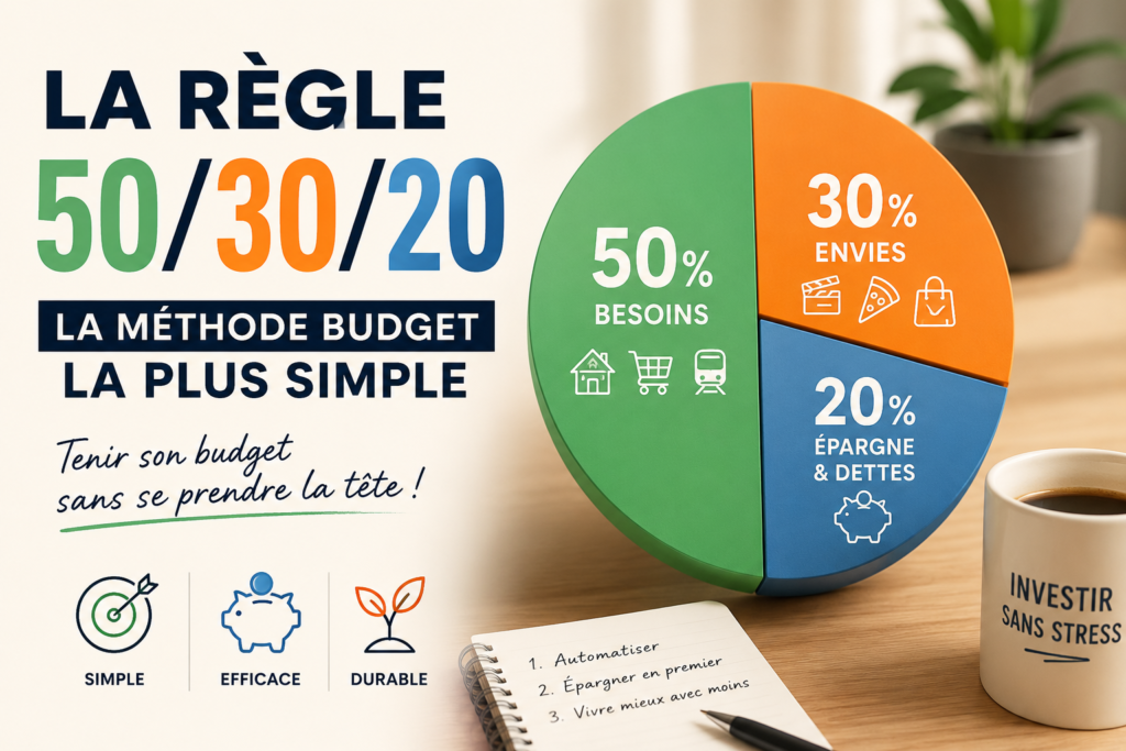 Infographie de la règle 50/30/20 pour gérer son budget simplement avec 50 % pour les besoins, 30 % pour les envies et 20 % pour l’épargne.