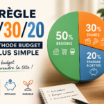 Infographie de la règle 50/30/20 pour gérer son budget simplement avec 50 % pour les besoins, 30 % pour les envies et 20 % pour l’épargne.