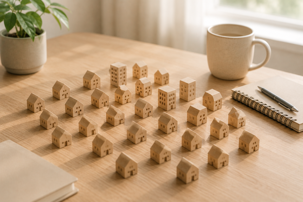 Diversifier son investissement immobilier simplement Miniatures de maisons et d’immeubles illustrant la diversification d’un investissement immobilier sur de nombreux actifs.