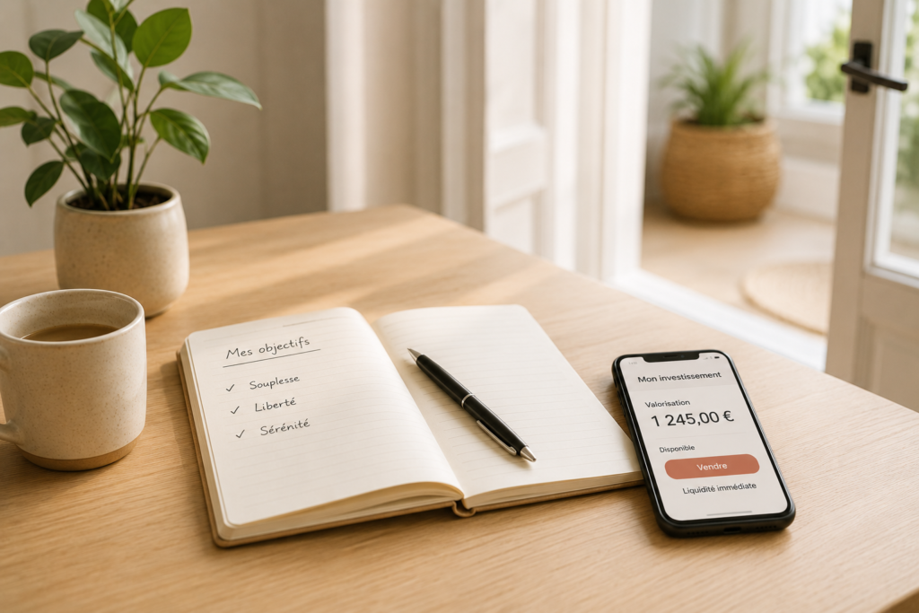 Revendre facilement un investissement immobilier papier Smartphone affichant la vente d’un investissement immobilier papier, illustrant la possibilité de revendre rapidement des parts de SIIC ou d’ETF immobilier.