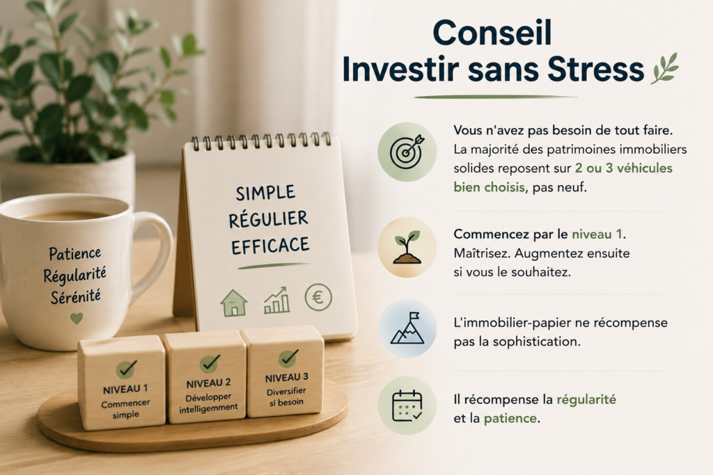 Conseil Investir sans Stress : simplicité, régularité et patience Illustration montrant une stratégie d’investissement immobilier simple en trois étapes, fondée sur quelques véhicules bien choisis, la régularité et la patience.