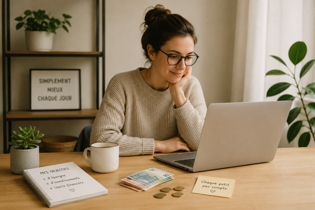 Personne travaillant calmement sur un ordinateur, quelques euros posés sur la table