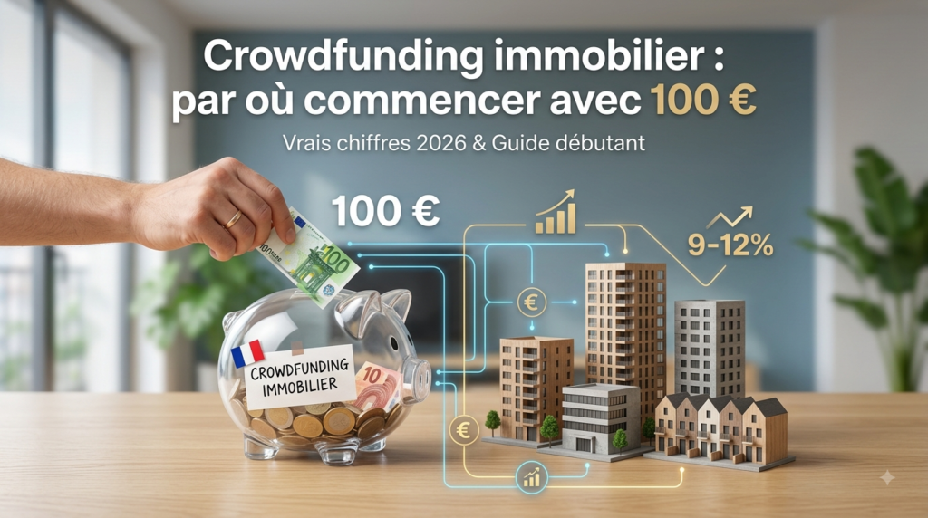 Graphique d'illustration montrant comment fonctionne le crowdfunding immobilier pour les débutants. Une main dépose un billet de 100 € dans une tirelire en verre étiquetée avec un drapeau français. Des lignes connectent l'argent à des maquettes de bâtiments urbains. En haut, le titre : 'Crowdfunding immobilier : par où commencer avec 100 € - Vrais chiffres 2026 & Guide débutant'