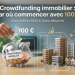 Graphique d'illustration montrant comment fonctionne le crowdfunding immobilier pour les débutants. Une main dépose un billet de 100 € dans une tirelire en verre étiquetée avec un drapeau français. Des lignes connectent l'argent à des maquettes de bâtiments urbains. En haut, le titre : 'Crowdfunding immobilier : par où commencer avec 100 € - Vrais chiffres 2026 & Guide débutant'